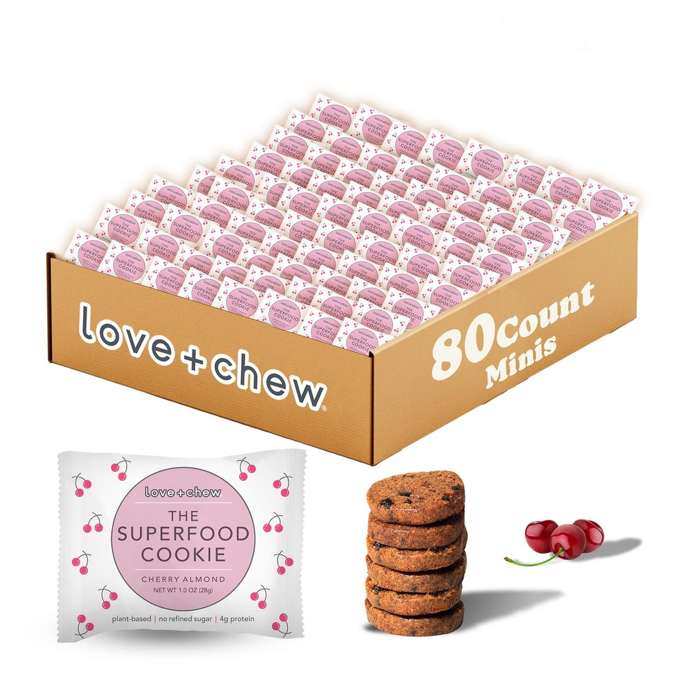 Love + Chew Mini Vegan Cookies, Gluten Free, 4g Plant Based Protein Per Cookie, Healthy Snacks for Adults and Kids, Refined Sugar Free, Individually Wrapped Cookies, Cherry Almond, 80 Pack