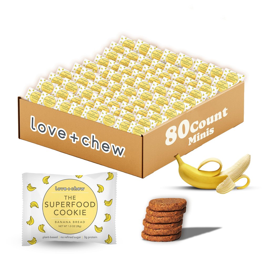 Love + Chew Banana Bread Minis Bulk Box - Tasty, Gluten Free Cookies - Vegan, Healthy, Paleo, Non GMO - Individually Wrapped and Soft Baked - Made from High Protein Almonds - 1 Ounce Each, 80 Count