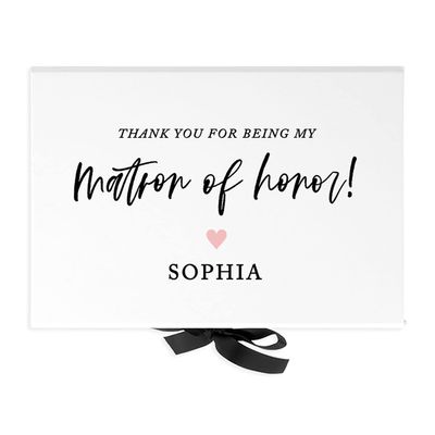 Andaz Press Custom Bridesmaid Proposal Box - Gift Boxes with Lids for Matron of Honor, Thank you Box, Proposal Gifts White Box w/Personalized Name Heart Design, Ribbons, 10"x7"x 4", 1-Pack
