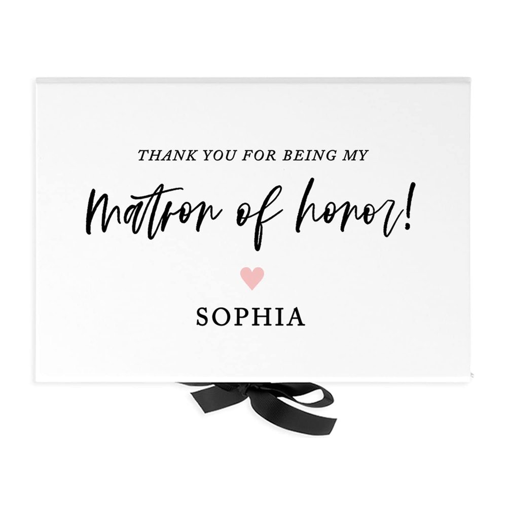Andaz Press Custom Bridesmaid Proposal Box - Gift Boxes with Lids for Matron of Honor, Thank you Box, Proposal Gifts White Box w/Personalized Name Heart Design, Ribbons, 10"x7"x 4", 1-Pack