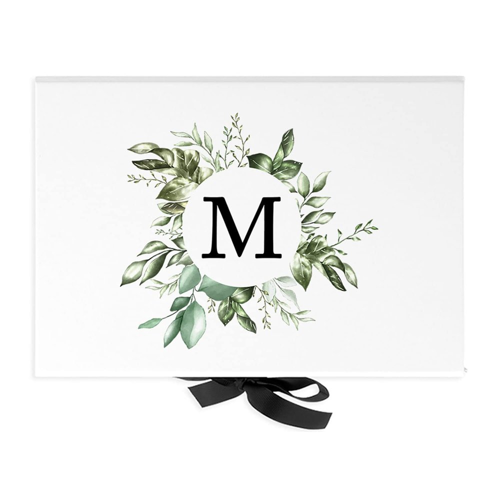 Andaz Press Custom Bridesmaid Proposal Box - Gift Boxes with Lids for Maid of Honor, Flower Girls & Bridesmaid Proposal Gifts White Box w/Personalized Monogram Greenery & Ribbons, 10" x7"x 4", 1-Pack