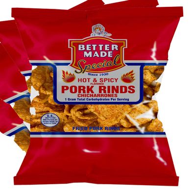Better Made HOT Flavored Pork Rinds Chicharrones - 8-Pack - 2.5oz Bags - 1g Carbs - Keto Friendly - Flavored Crispy Snacks, Family Owned Since 1930 - Lunch, Detroit