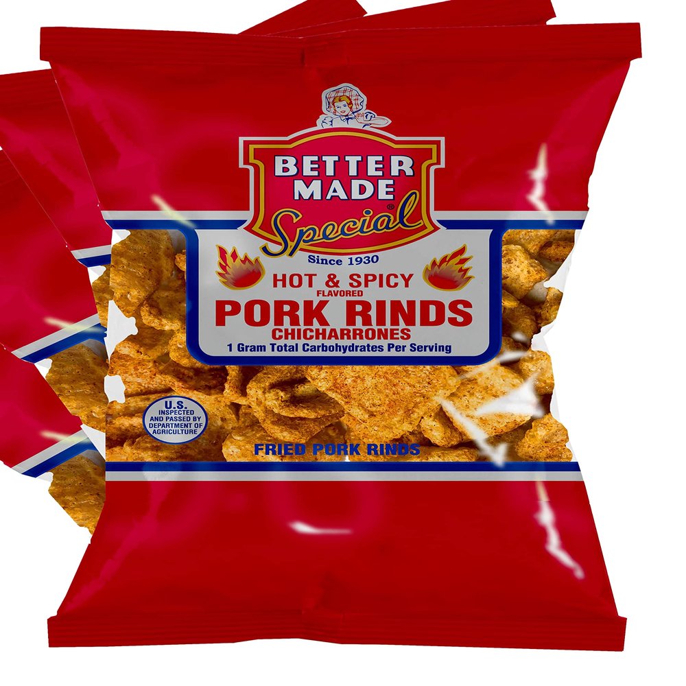 Better Made HOT Flavored Pork Rinds Chicharrones - 8-Pack - 2.5oz Bags - 1g Carbs - Keto Friendly - Flavored Crispy Snacks, Family Owned Since 1930 - Lunch, Detroit