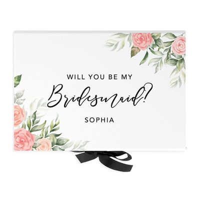 Andaz Press Custom Bridesmaid Proposal Box - Classy Gift Boxes with Lids Will You Be My Bridesmaid Box, Proposal Gifts, White Box w/Personalized Name with Roses Design, Ribbons, 10"x7"x 4", 1-Pack