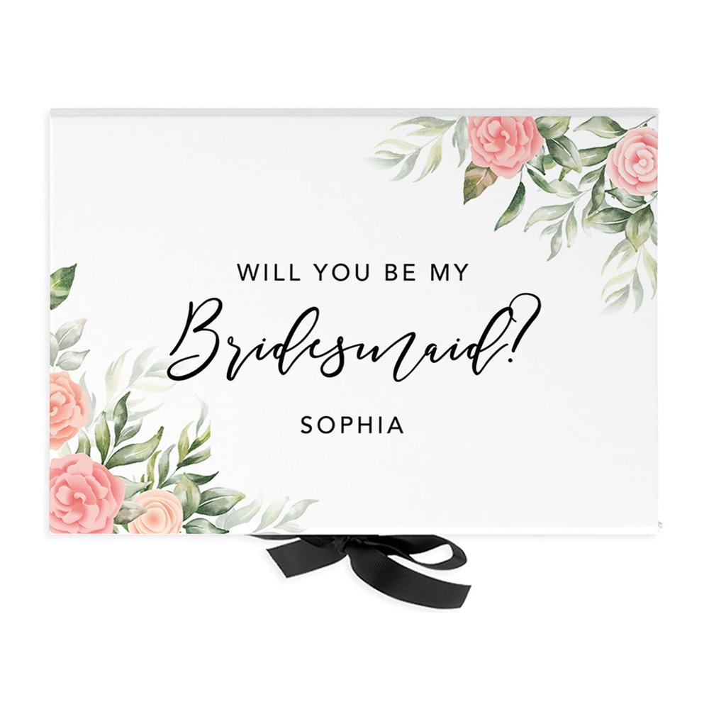 Andaz Press Custom Bridesmaid Proposal Box - Classy Gift Boxes with Lids Will You Be My Bridesmaid Box, Proposal Gifts, White Box w/Personalized Name with Roses Design, Ribbons, 10"x7"x 4", 1-Pack