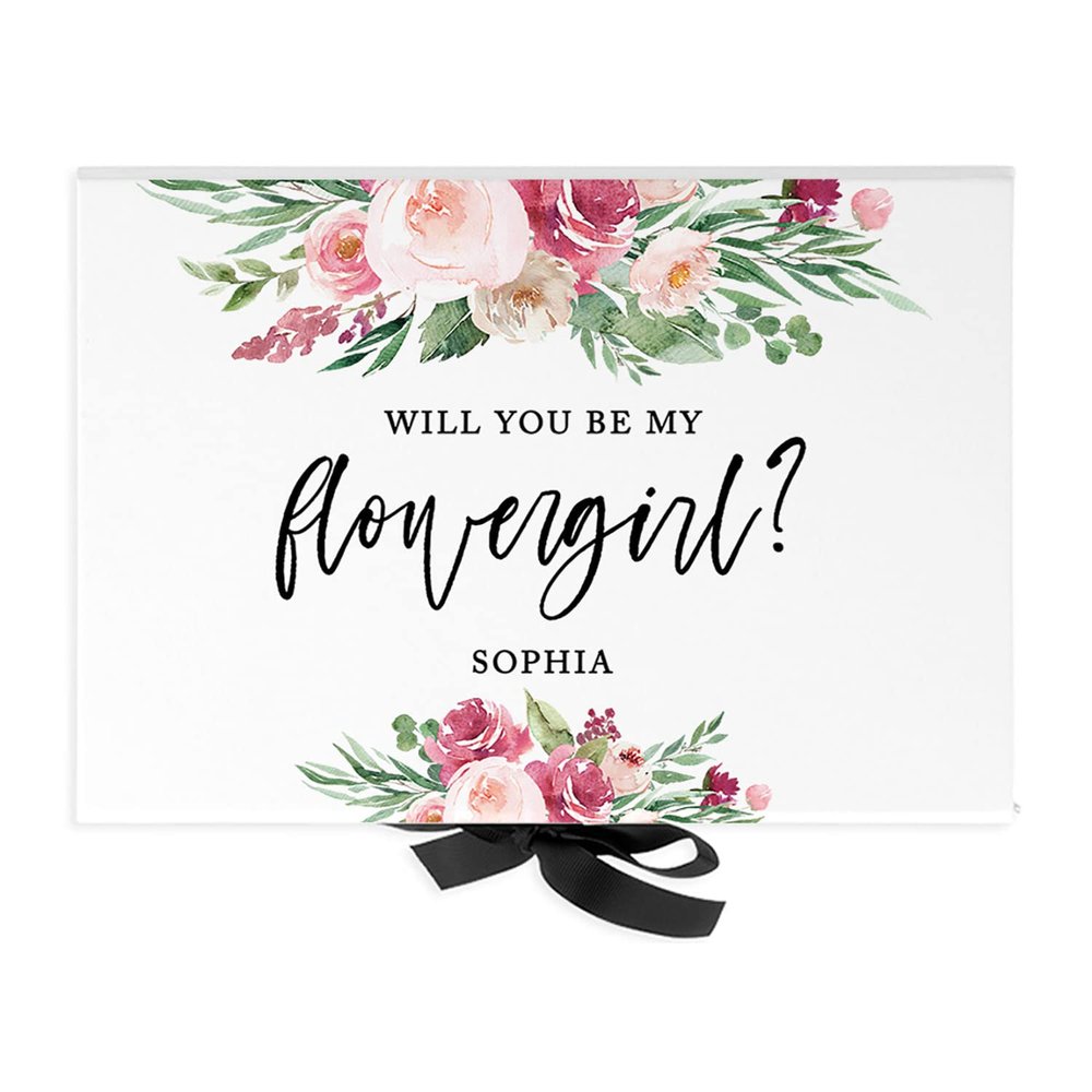 Andaz Press Custom Flowergirl Proposal Box - Gift Boxes with Lids Will You Be My Flowergirl Box, Proposal Gifts White Box w/Personalized Name Watercolor Florals Design, Ribbons, 10"x7"x 4", 1-Pack