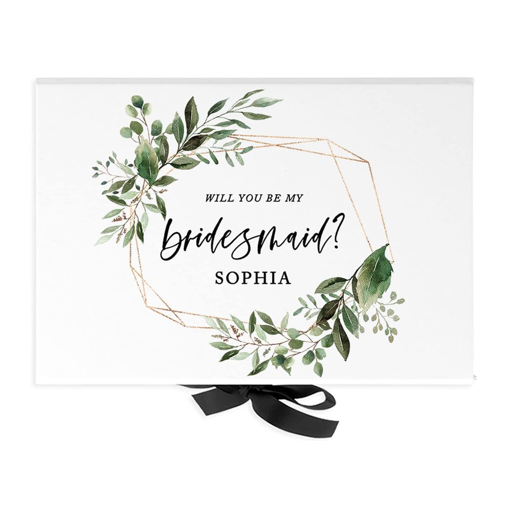 Andaz Press Custom Bridesmaid Proposal Box - Gift Boxes with Lids Will You Be My Bridesmaid Box, Proposal Gifts White Box w/Personalized Name Geometric Greenery Design, Ribbons, 10"x7"x 4", 1-Pack