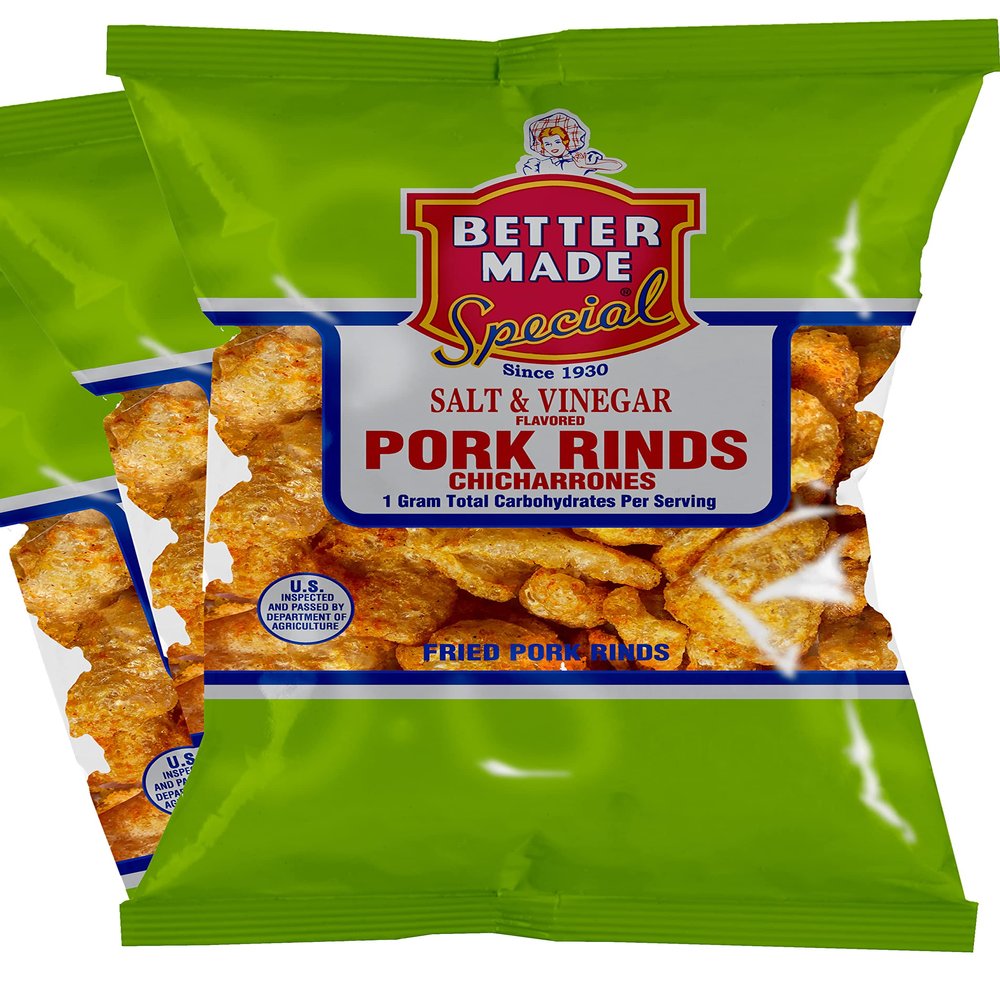 Better Made Salt & Vinegar Flavored Pork Rinds Chicharrones - 8-Pack - 2.5oz Bags - 1g Carbs - Keto Friendly - Flavored Crispy Snacks, Family Owned Since 1930 - Lunch