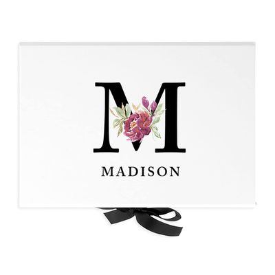 Andaz Press Custom Bridesmaid Proposal Box - Gift Boxes with Lids for Maid of Honor Flower Girls & Bridesmaid Proposal Gifts White Box w/Personalized Name & Monogram, Ribbons, 10"x7"x 4", 1-Pack