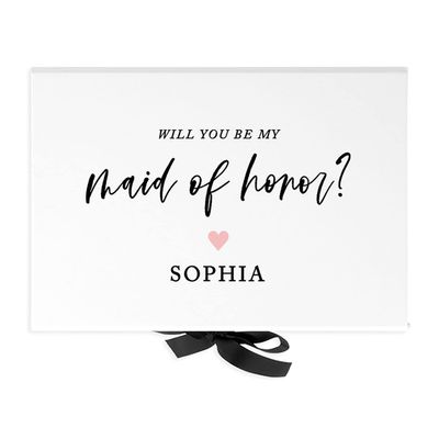 Andaz Press Custom Maid Of Honor Proposal Box - Gift Boxes with Lids Will You Be My Maid Of Honor Box, Proposal Gifts White Box w/Personalized Name Pink Heart Design, Ribbons, 10"x7"x 4", 1-Pack