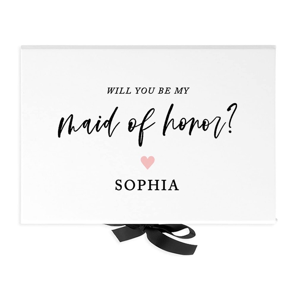 Andaz Press Custom Maid Of Honor Proposal Box - Gift Boxes with Lids Will You Be My Maid Of Honor Box, Proposal Gifts White Box w/Personalized Name Pink Heart Design, Ribbons, 10"x7"x 4", 1-Pack