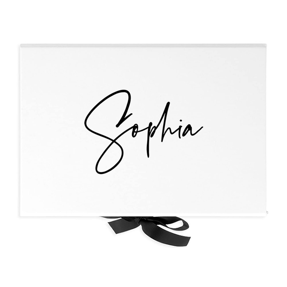 Andaz Press Custom Bridesmaid Proposal Box - Gift Boxes with Lids for Maid of Honor, Flower Girls & Bridesmaid Proposal Gifts White Gift Box w/Personalized Minimal Name & Ribbons, 10" x7"x 4", 1-Pack