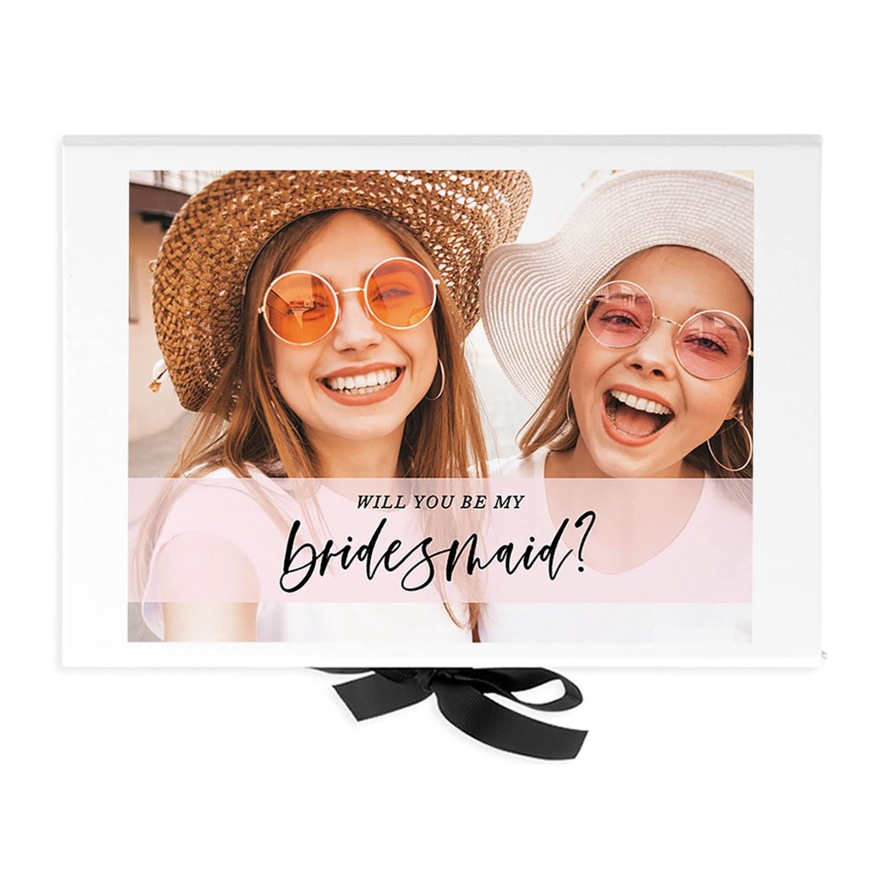 Andaz Press Custom Bridesmaid Proposal Box - Classy Gift Boxes with Lids Will You Be My Bridesmaid Box, Proposal Gifts, White Box w/Personalized Photo Design, Ribbons, 10"x7"x 4", 1-Pack