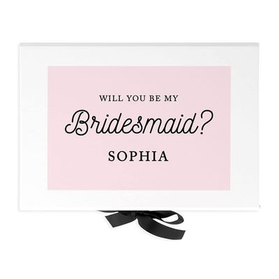 Andaz Press Custom Bridesmaid Proposal Box - Classy Gift Boxes with Lids Will You Be My Bridesmaid Box, Proposal Gifts, White Box w/Personalized Name with Pink Design, Ribbons, 10"x7"x 4", 1-Pack