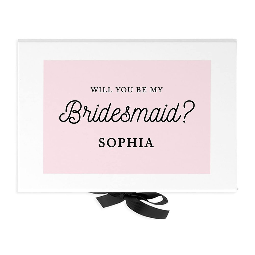 Andaz Press Custom Bridesmaid Proposal Box - Classy Gift Boxes with Lids Will You Be My Bridesmaid Box, Proposal Gifts, White Box w/Personalized Name with Pink Design, Ribbons, 10"x7"x 4", 1-Pack