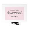 Andaz Press Custom Bridesmaid Proposal Box - Classy Gift Boxes with Lids Will You Be My Bridesmaid Box, Proposal Gifts, White Box w/Personalized Name with Pink Design, Ribbons, 10"x7"x 4", 1-Pack view 1