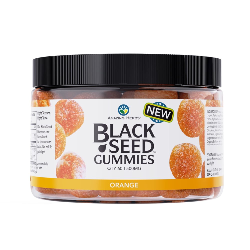 Amazing Herbs Organic Black Seed Oil Gummies - 500mg Per Serving, Cold Pressed Black Cumin Seed, Made with Nigella Sativa, Helps Boost Immunity, Supports Healthy Digestion - Orange Flavor 60 Count