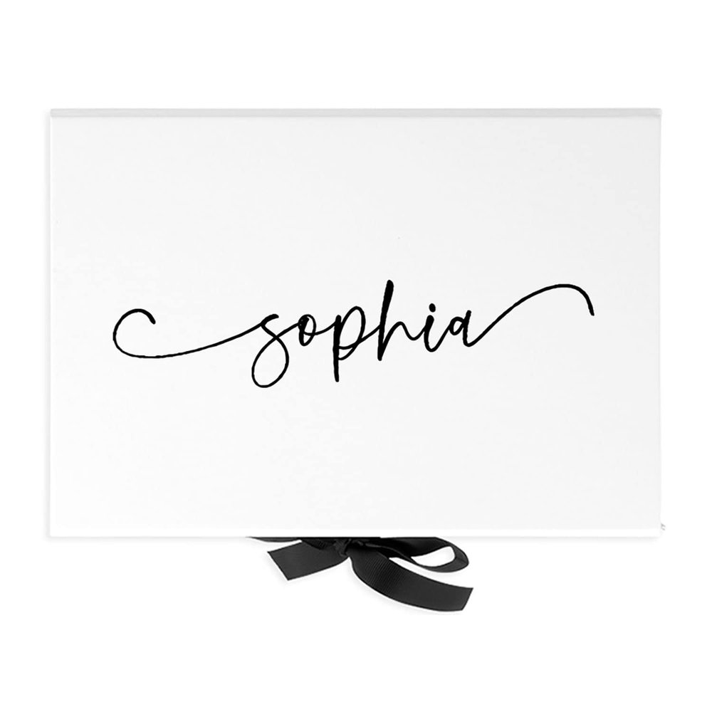 Andaz Press Custom Bridesmaid Proposal Box - Gift Boxes with Lids for Maid of Honor, Flower Girls & Bridesmaid Proposal Gifts White Gift Box w/Personalized Script Name & Ribbons, 10" x7"x 4", 1-Pack