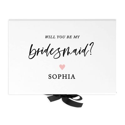 Andaz Press Custom Bridesmaid Proposal Box - Gift Boxes with Lids for Bridesmaids Will You Be My Bridesmaid Box, Proposal Gifts White Box w/Personalized Name Heart Design, Ribbons, 10"x7"x 4", 1-Pack