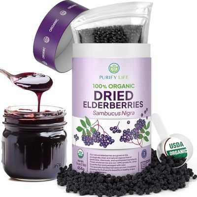 USDA Organic Dried Elderberries 1lb Bulk (Safest Packaging, Resealable Bag, BPA-Free Scoop) Natural, non-irradiated, Raw Whole Black Elderberry, Immune Support, Make Sambucus Elderberry Syrup, 1 Pound