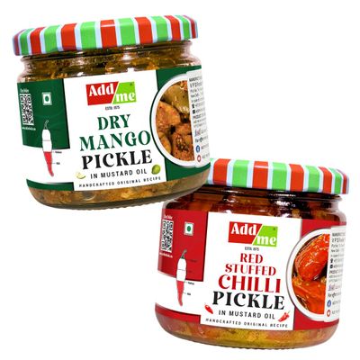 Add me Homemade Dry Mango Pickle 150gm + Red Stuffed Pickle bharwa lal mirch 200gm Glass Pack