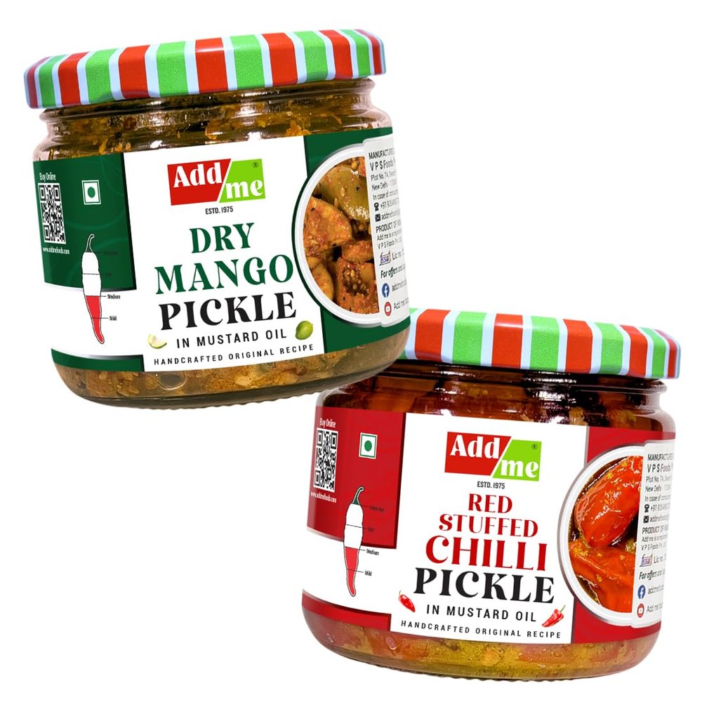 Add me Homemade Dry Mango Pickle 150gm + Red Stuffed Pickle bharwa lal mirch 200gm Glass Pack