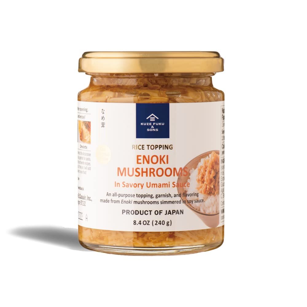 [KUZE FUKU & SONS] Enoki Mushrooms in Savory Umami Sauce, Multipurpose Rice Topping, Garnish, & Flavoring, Product of Japan (8.4 Oz /240 g)