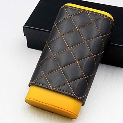 Cigar in Style Yellow Black Leather Cedar Wood 3 to 5 Ct Adjustable Cigar Case Holder Humidor