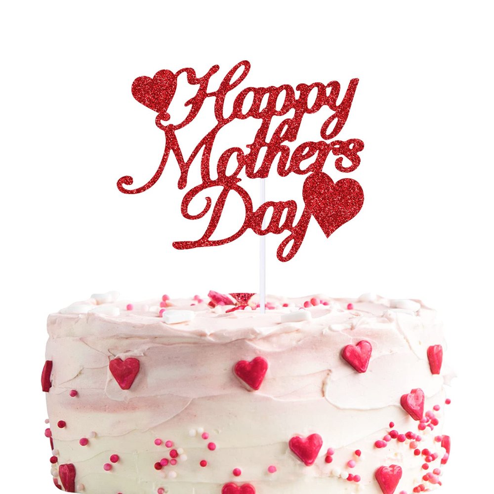 12pcs Red Glitter Happy Mother's Day Cake Toppers Food Picks Cake Decoration for Mother's Day Mom's Birthday Party Suppliers
