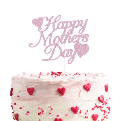 12pcs Pink Glitter Happy Mother's Day Cake Toppers Food Picks Cake Decoration for Mother's Day Mom's Birthday Party Suppliers
