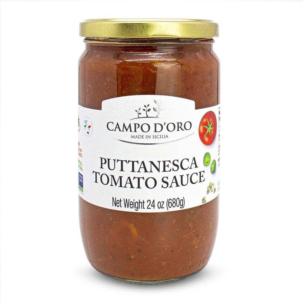 CAMPO D'ORO - Italian Puttanesca Tomato Sauce, 24 oz, Italian Homemade style Pasta Sauce, Spaghetti Sauce from Italy.
