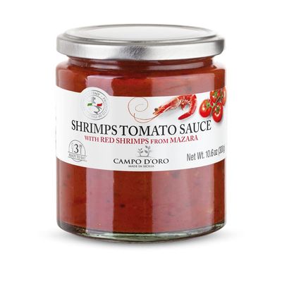 CAMPO D'ORO | SHRIMP SAUCE WITH RED MAZARA SHRIMP 10.22 OZ. Red Mazara Shrimp with white and compact meat that give our sauce an inimitable taste. 100% Made in Italy