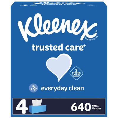 Kleenex Trusted Care Facial Tissues, 4 Flat Boxes, 160 Tissues per Box, 2-Ply (640 Total Tissues)