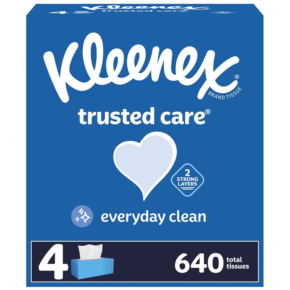 Kleenex Trusted Care Facial Tissues, 4 Flat Boxes, 160 Tissues per Box, 2-Ply (640 Total Tissues)