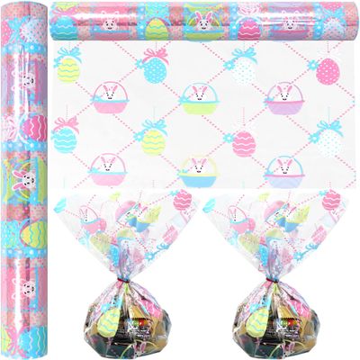 AnapoliZ Easter Cellophane Wrap Roll | 100 Ft. Long X 16 In. Wide 2.3 Mil Thick , Crystal Clear , Design Cello Wrapping Paper for Treats , Baskets , Gifts Bunnies & Eggs