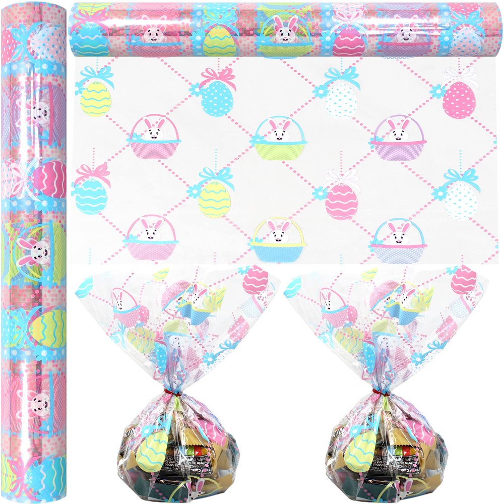 AnapoliZ Easter Cellophane Wrap Roll | 100 Ft. Long X 16 In. Wide 2.3 Mil Thick , Crystal Clear , Design Cello Wrapping Paper for Treats , Baskets , Gifts Bunnies & Eggs