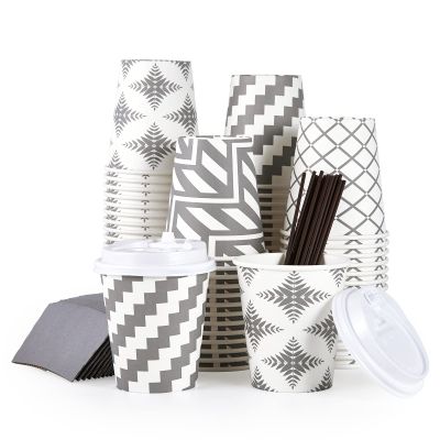 LITOPAK 100 Pack 10 oz Paper Coffee Cups with Lid, Sleeve, and Straws, Four Designs of Disposable Hot Coffee Cups for Home, Stores, and Cafes
