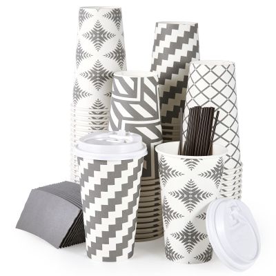 LITOPAK 100 Pack 16 oz Paper Coffee Cups, Disposable Coffee Cups with Lid, Sleeve, and Straws for Home, Stores, and Cafes