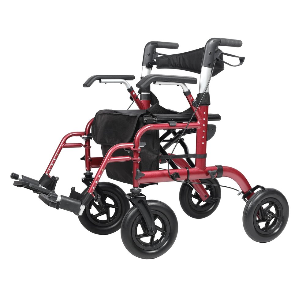 ELENKER All-Terrain 2 in 1 Rollator Walker & Transport Chair, Folding Wheelchair with All 10 Wheels for Seniors, Reversible Backrest & Detachable Footrests, Red