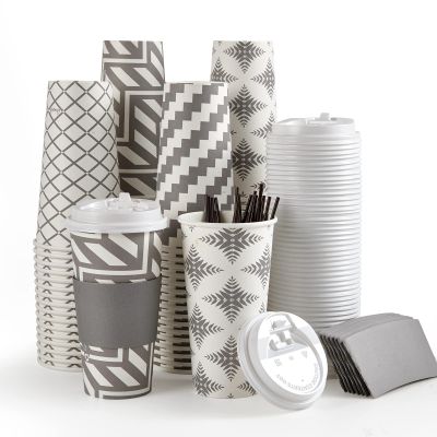 LITOPAK 100 Pack 20 oz Paper Coffee Cups with Lid, Sleeve, and Straws, Four Designs of Disposable Hot Coffee Cups for Home, Stores, and Cafes