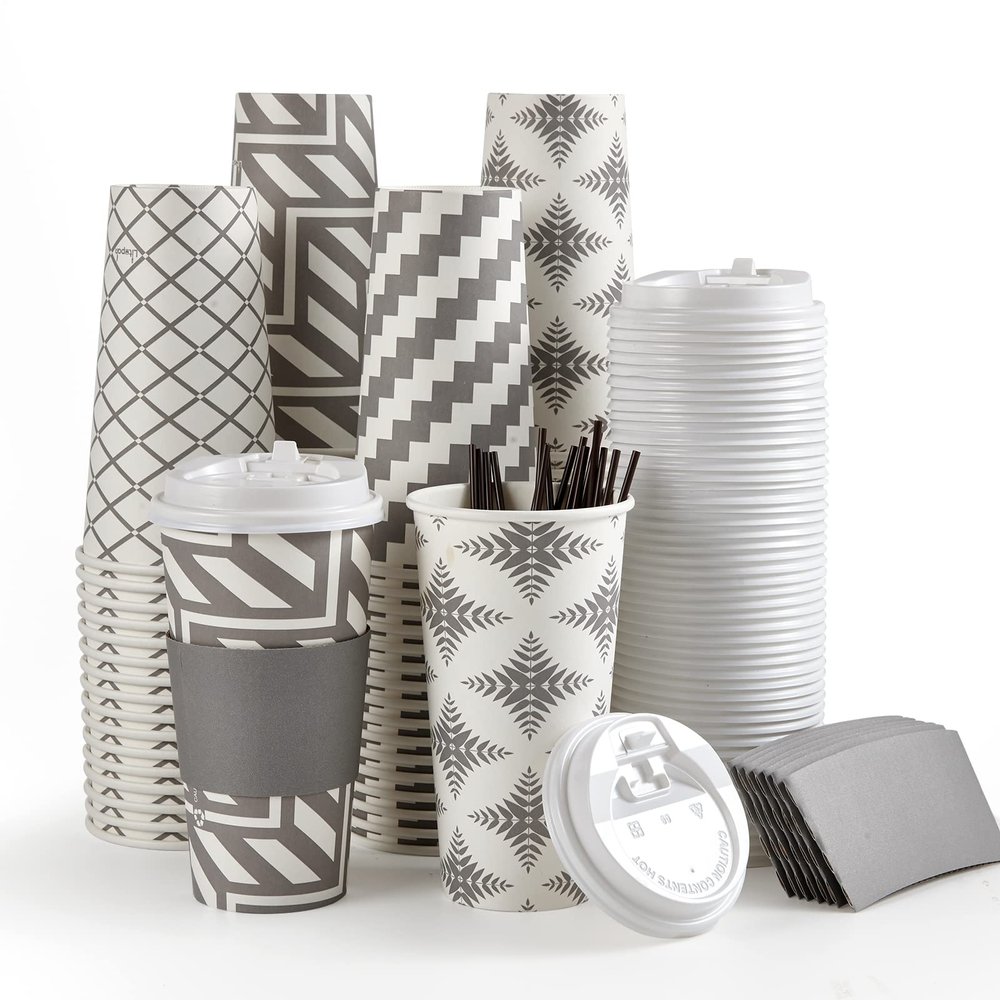 LITOPAK 100 Pack 20 oz Paper Coffee Cups with Lid, Sleeve, and Straws, Four Designs of Disposable Hot Coffee Cups for Home, Stores, and Cafes