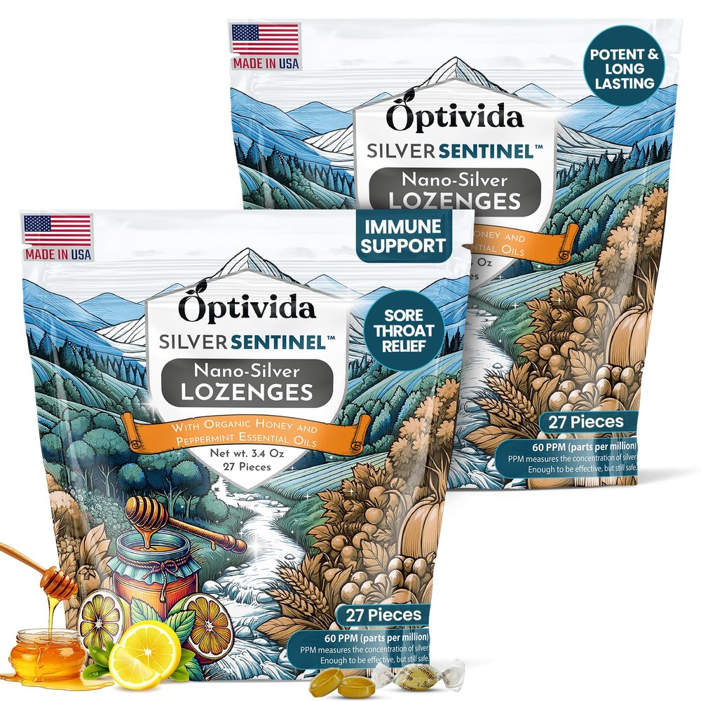 OPTIVIDA Nano Colloidal Silver Lozenges 60 PPM - Organic Cough Drops for Adults - Soothing Natural Honey Sore Throat Lozenges for Immune Support - Cold & Cough Relief Formula for Adults & Kids - 54ct