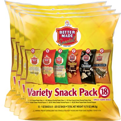 Better Made Special Snack Food Variety Packs Potato Chips & Popcorn 18ct (Pack of 4) 15.75 oz Each - Original, Sour Cream Onion, BBQ, Barbecue, White Cheddar, Movie Theater Butter - Snacks, Lunch