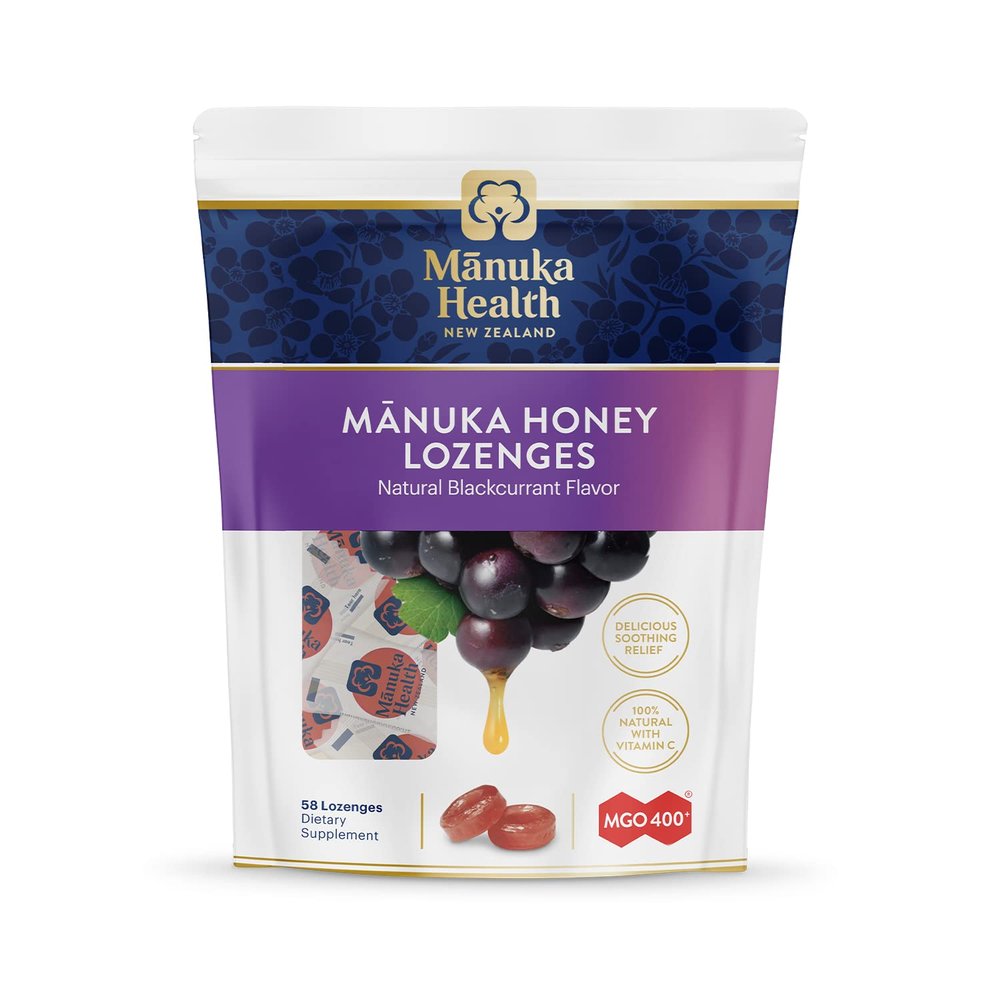 Manuka Health Manuka Honey Throat Lozenges - Blackcurrant Flavored Lozenges, 58-Count - Cough Drops Infused with Raw Manuka Honey & Vitamin C for Immune Support