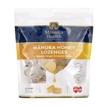Manuka Health Manuka Honey Cough Drops  58 Natural Lemon & Ginger Flavored Throat Lozenges Infused with Raw Manuka Honey and Vitamin C for Immune Support