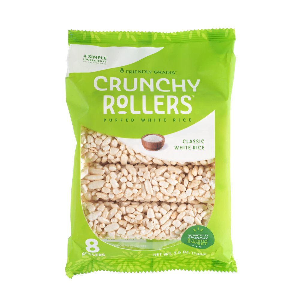 Friendly Grains - Crunchy Rollers - Sweet Rice Snacks, Crispy Puffed Rice Rolls, Healthy Snack Rolls for Adults and Kids - Classic White Rice - 3.5 oz Individual Packs (4 Packs of 8)