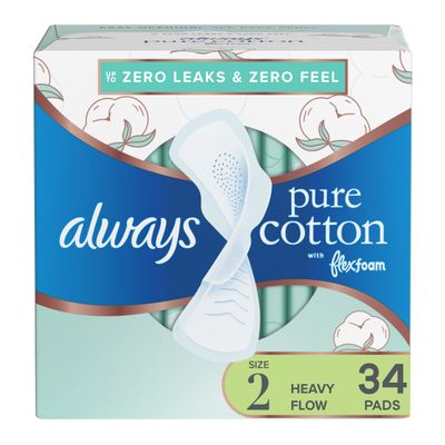 Always Pure Cotton Feminine Pads for Women, Size 2, Heavy Flow, with Wings, unscented, 34 CT