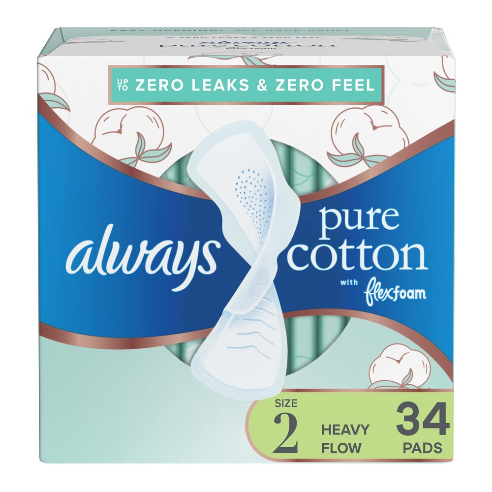 Always Pure Cotton Feminine Pads for Women, Size 2, Heavy Flow, with Wings, unscented, 34 CT