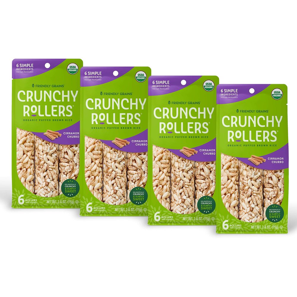 Friendly Grains - Crunchy Rollers - Organic Rice Snacks, Crispy Puffed Rice Rolls, Healthy Snack Rolls for Adults and Kids - Cinnamon Churro - (4 Packs of 6)