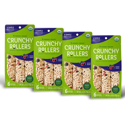 Friendly Grains - Crunchy Rollers - Organic Rice Snacks, Crispy Puffed Rice Rolls, Healthy Snack Rolls for Adults and Kids - Mixed Berry - (4 Packs of 6)
